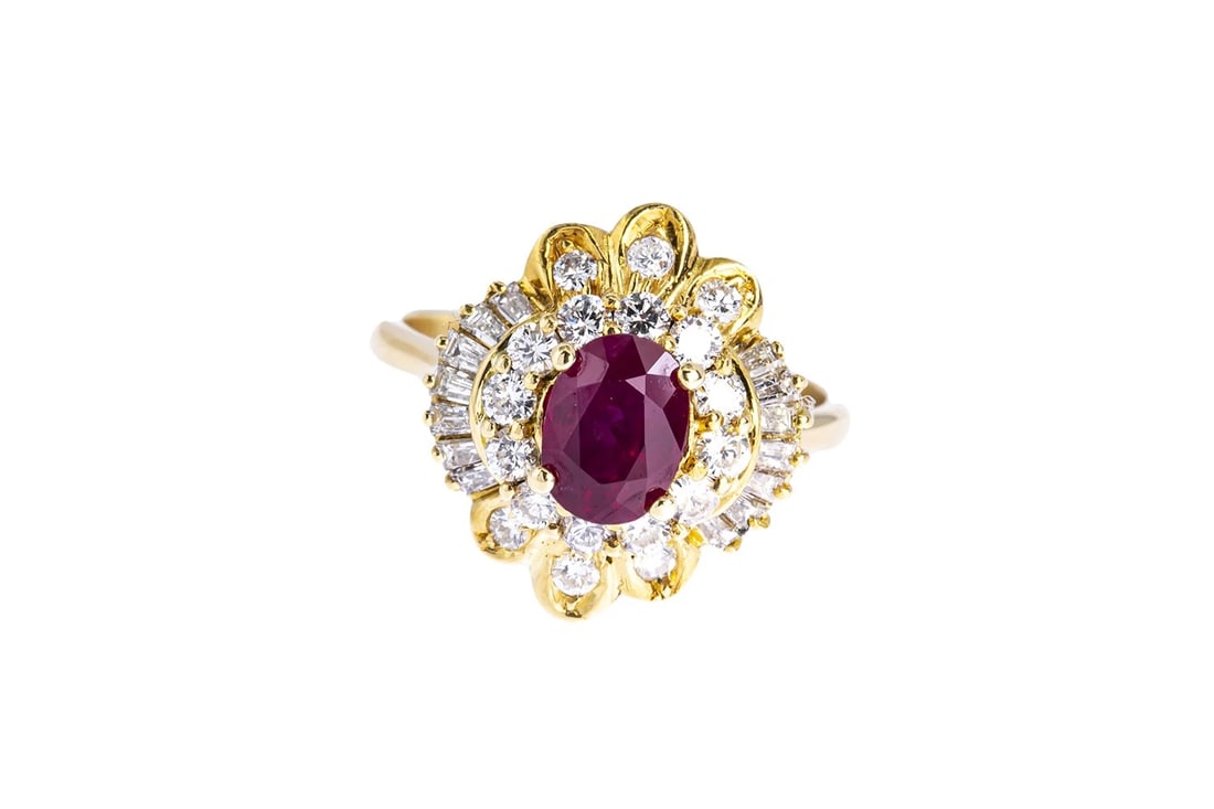 VINTAGE RUBY & DIAMOND COCKTAIL CLUSTERRING: Vintage Ruby & Diamond Cocktail ClusterRing Brand: Unbranded Type: Ring Material: 18k Yellow Gold Main Stone/Creation Ruby Color: Yellow Size: 6.75 US Accessories: None Accessories Notice: