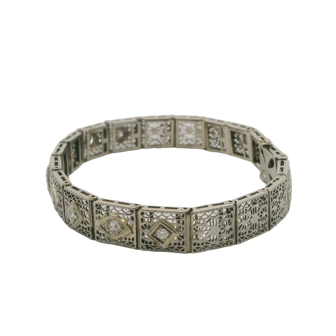 ANTIQUE ART DIAMOND FILIGREE 14K WHITE GOLD BRACELET (1 of 5)