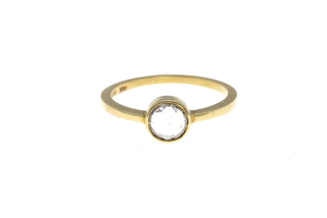 GILLIAN CONROY & ROSE CUT DIAMOND SOLITAIRE 18K GOLD RING: Gillian Conroy & Rose Cut Diamond Solitaire 18K Gold Ring Brand: Gillian Conroy & Wilcox Type: Ring Material: 18k Yellow Gold Main Stone/Creation Natural Color: Main Stone Color White Size: 6 US