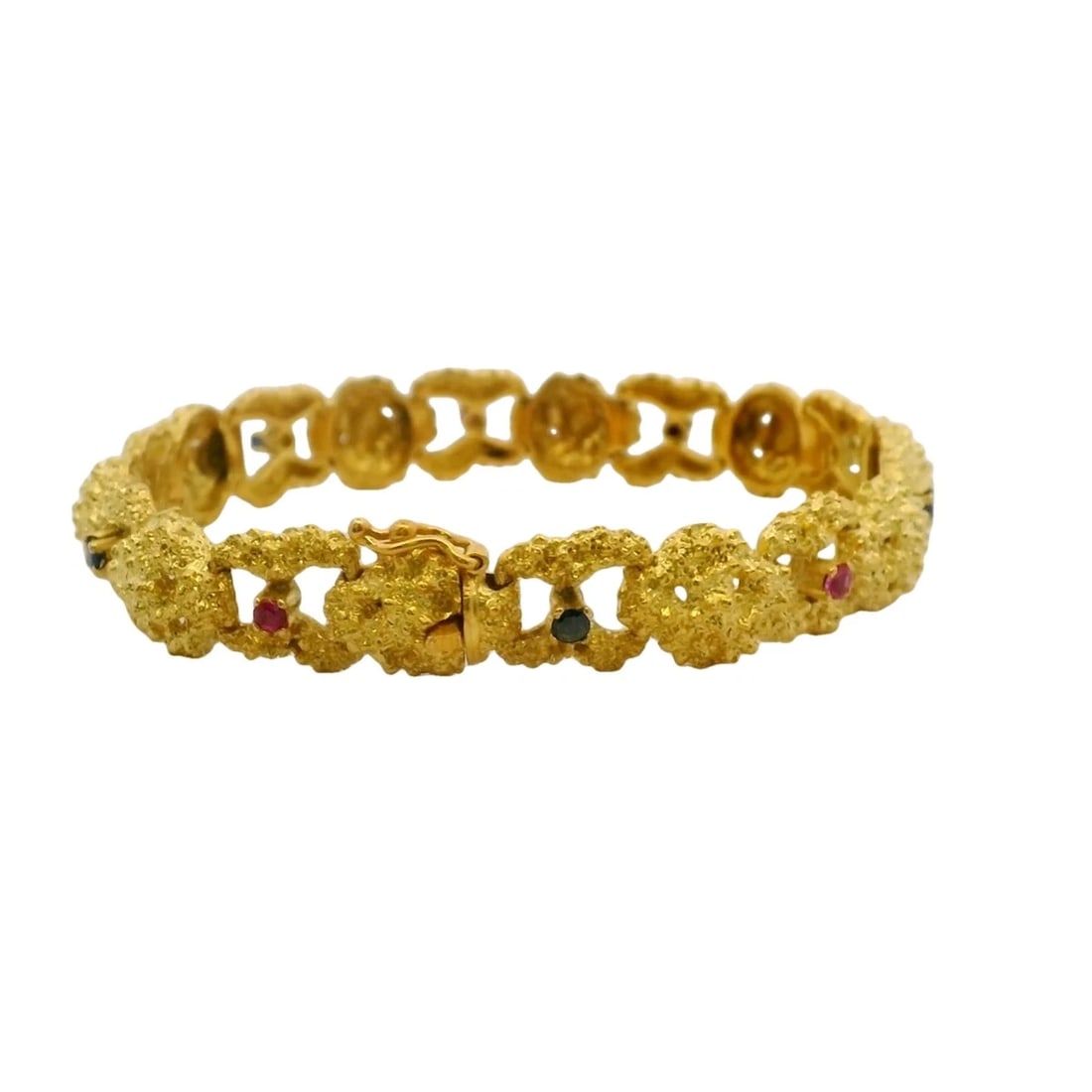 VINTAGE BRUTALIST 18KT YELLOW GOLD BRACELET SAPPHIRES: Vintage Brutalist 18kt Yellow Gold Bracelet Sapphires Brand: M Type: Bracelet Material: 18K Yellow Gold Main Stone/Creation Sapphire Color: Yellow Size: Length - 8.25" Width - 12mm Accessories: N