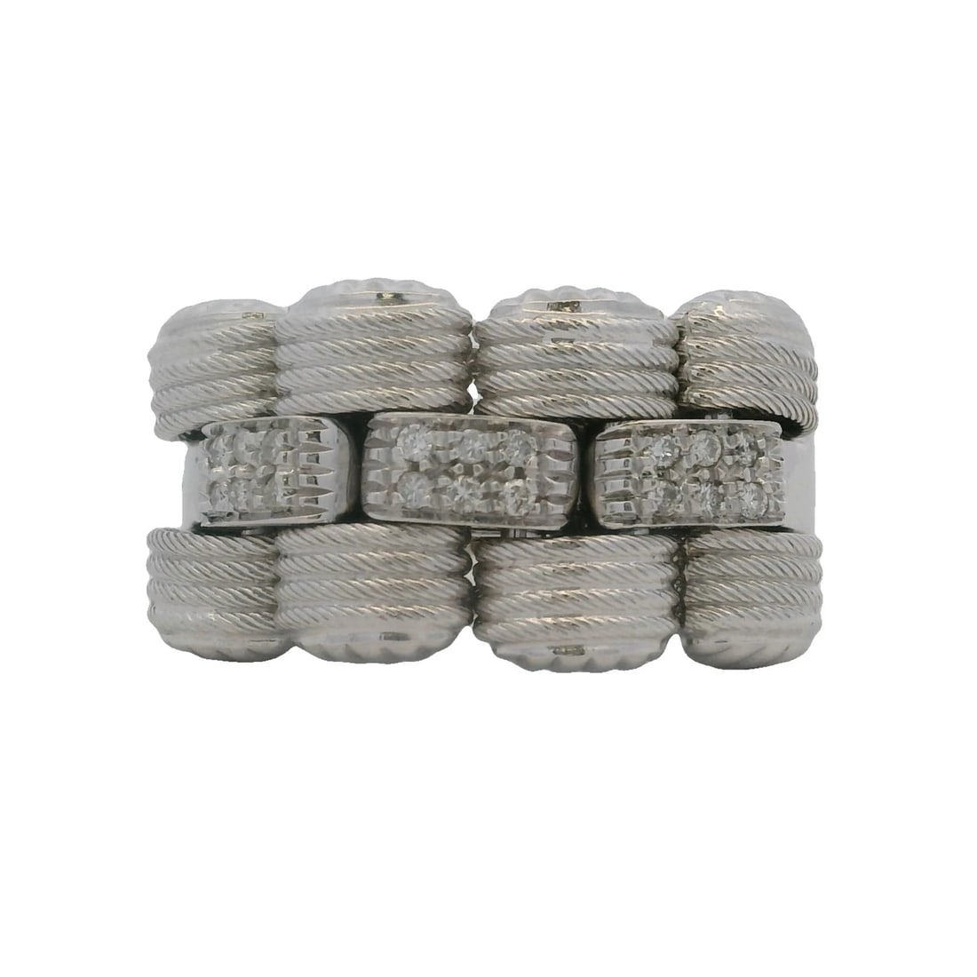 VINTAGE DIAMOND WIDE WOVEN STATEMENT RING: Vintage Diamond Wide Woven Statement Ring Brand: Unbranded Type: Ring Material: 14k White Gold Main Stone/Creation Natural Color: White Size: 8 US Accessories: None Accessories Notice: Whe