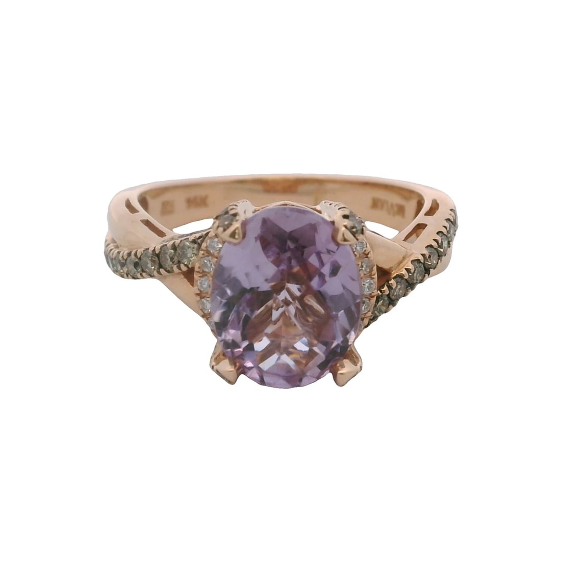 LEVIAN 14KT ROSE GOLD TWIST BAND AMETHYST RING: LeVian 14kt Rose Gold Twist Band Amethyst Ring Brand: LeVian Type: Ring Material: 14k Rose Gold Main Stone/Creation Amethyst Color: Rose Size: 7 US Accessories: None Accessories Notice: Wh