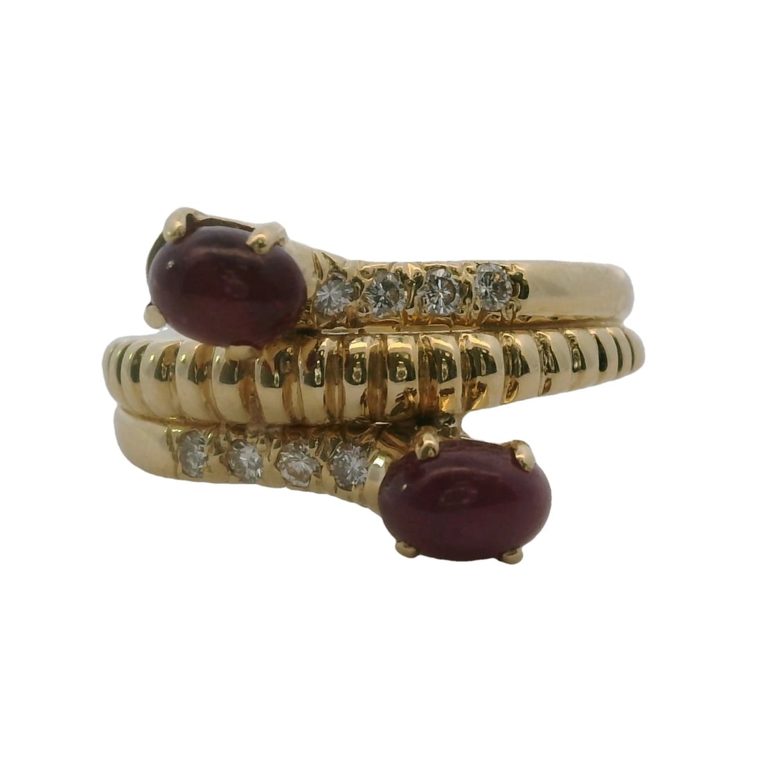 14KT YELLOW GOLD CABOCHON RUBY SPIRAL BYPASS RING: 14kt Yellow Gold Cabochon Ruby Spiral Bypass Ring Brand: Unbranded Type: Ring Material: 14k Yellow Gold Main Stone/Creation Ruby Color: Yellow Size: 8.5 US Accessories: None Accessories No