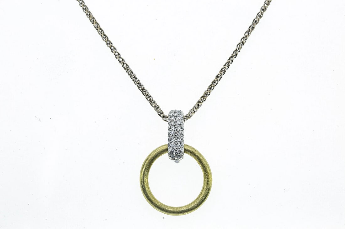 MAKUR SATIN DIAMOND PENDANT 14K WHITE & YELLOW GOLD NECKLACE: Makur Satin Diamond Pendant 14K White & Yellow Gold Necklace Brand: Makur Type: Necklace Material: 14k Multi-Tone Gold Main Stone/Creation Natural Color: Main Stone Color White Size: Length - 16"