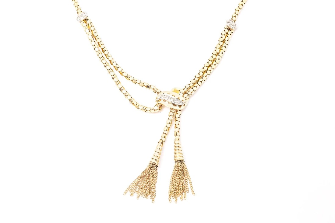 VINTAGE VICTORIAN REVIVAL DIAMOND WOVEN TASSEL NECKLACE: Vintage Victorian Revival Diamond Woven Tassel Necklace Brand: Unbranded Type: Necklace Material: 14k Yellow Gold, Color: Rose Size: Length - 16" Width - 15m Accessories: None Accessories