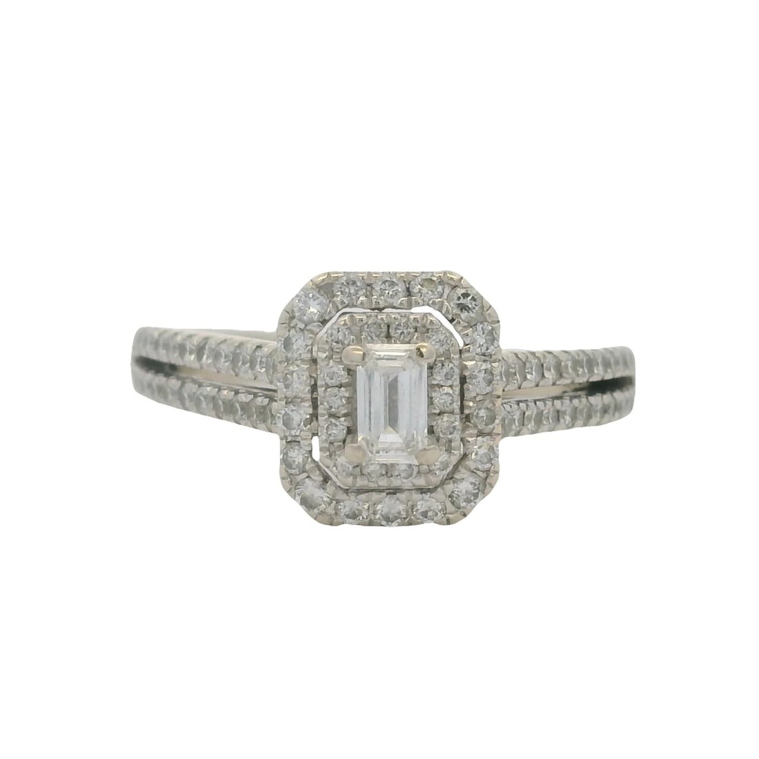 VERA WANG LOVE DIAMOND EMERALD CUT DOUBLE HALO ENGAGEMENT RING: Vera Wang Love Diamond Emerald Cut Double Halo Engagement Ring Brand: Vera Wang Type: Ring Material: 14k White Gold Main Stone/Creation Natural Color: White Size: 8.75 US Accessories: None