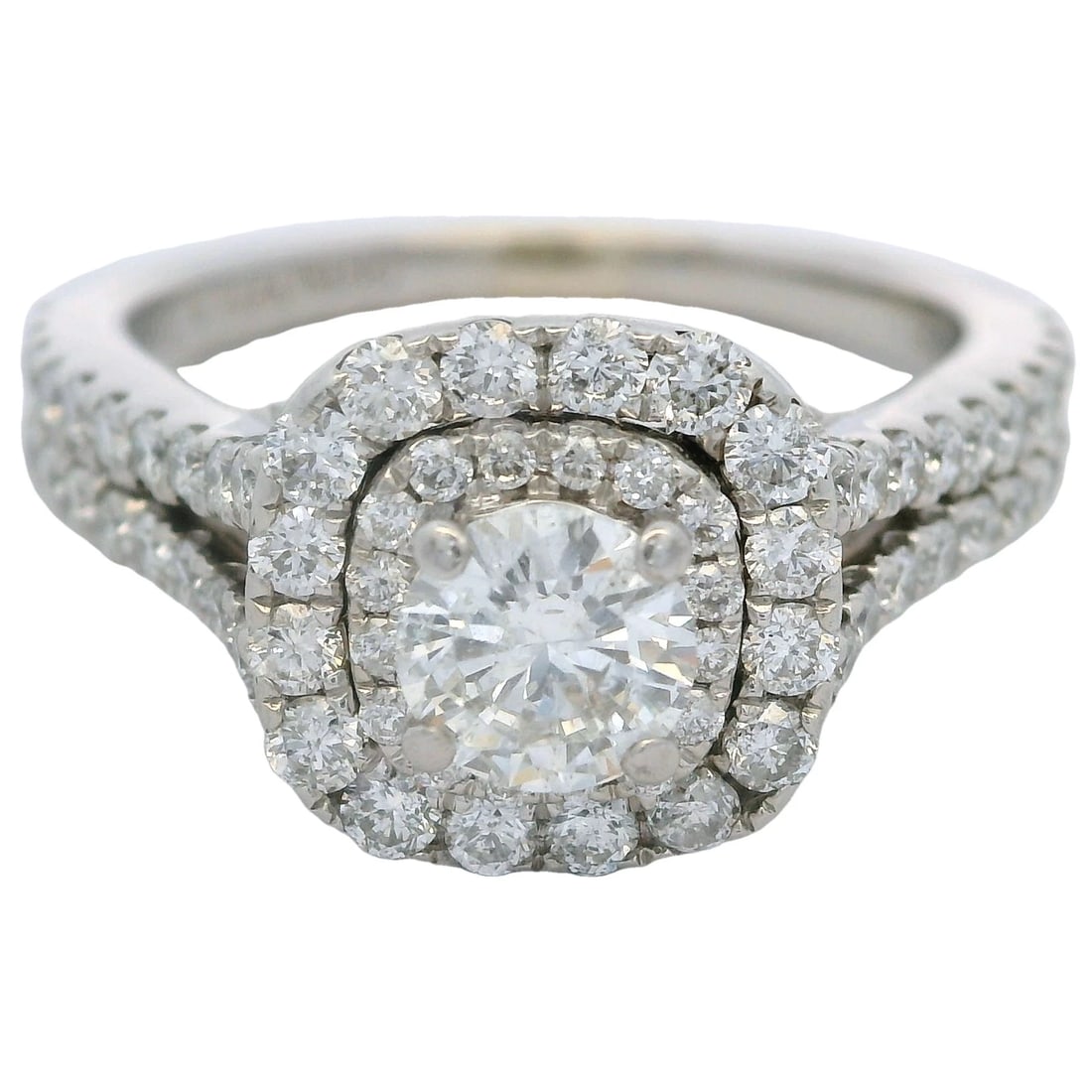 VERA WANG LOVE HALO DIAMOND SPLIT SHANK ENGAGEMENT RING: Vera Wang Love Halo Diamond Split Shank Engagement Ring Brand: Vera Wang Love Type: Ring Material: 14k White Gold Main Stone/Creation Natural Color: White Size: 6.5 US Accessories: None Ac