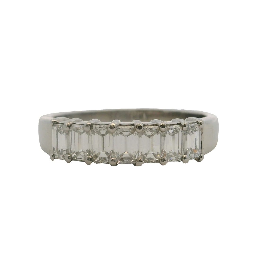 VINTAGE PLATINUM EMERALD DIAMONDS HALF-ETERNITY WEDDING BAND RING: Vintage Platinum Emerald Diamonds Half-Eternity Wedding Band Ring Brand: Unbranded Type: Ring Material: 900 Platinum Main Stone/Creation Natural Color: Platinum Size: 8.5 US Accessories: None