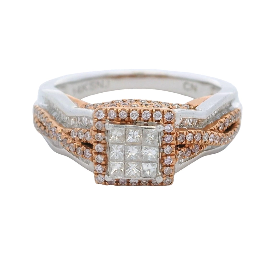 WHITE & ROSE GOLD PRINCESS CUT DIAMOND CLUSTER RING: White & Rose Gold Princess Cut Diamond Cluster Ring Brand: SNJ Type: Ring Material: 14k Multi-Tone Gold Main Stone/Creation Natural Color: Multi - Tone Size: 7 US Accessories: None Accesso