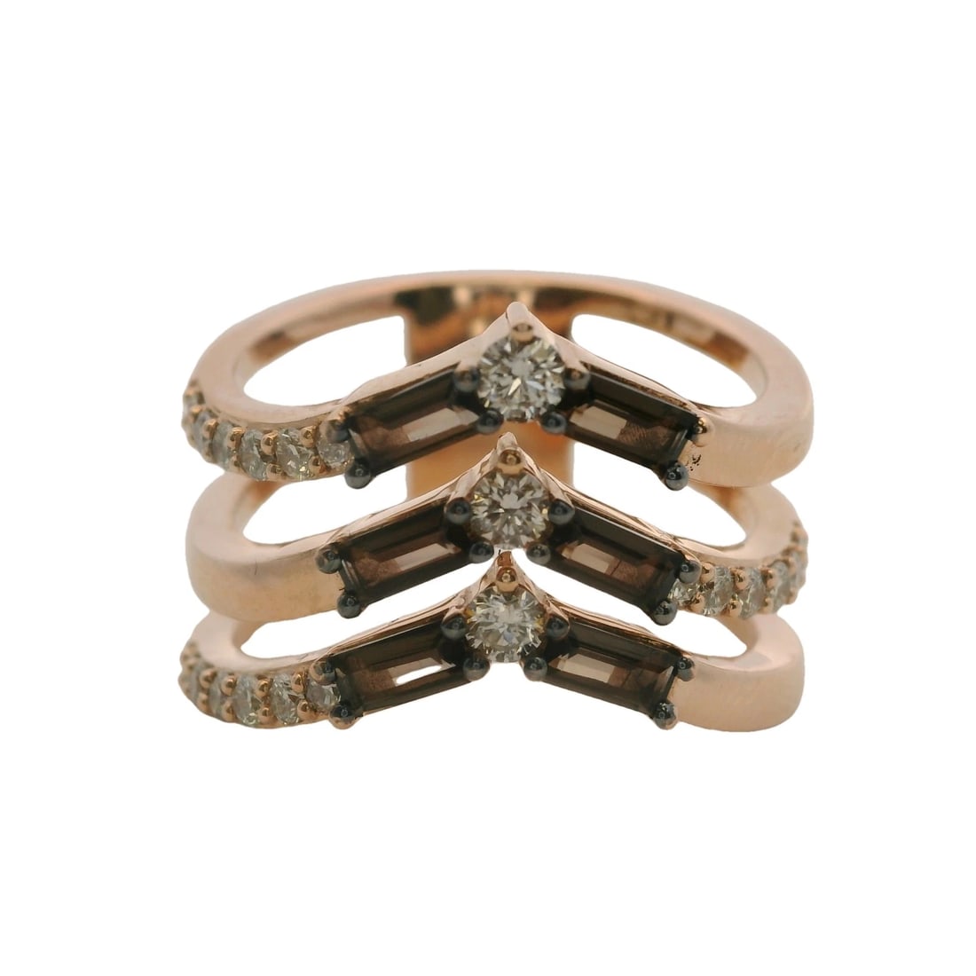 LEVIAN 14KT ROSE GOLD SMOKY QUARTZ DIAMOND STACKED RING: LeVian 14kt Rose Gold Smoky Quartz Diamond Stacked Ring Brand: LeVian Type: Ring Material: 14k Rose Gold Main Stone/Creation Smoky Quartz Color: Rose Size: 7 US Accessories: None Accessori