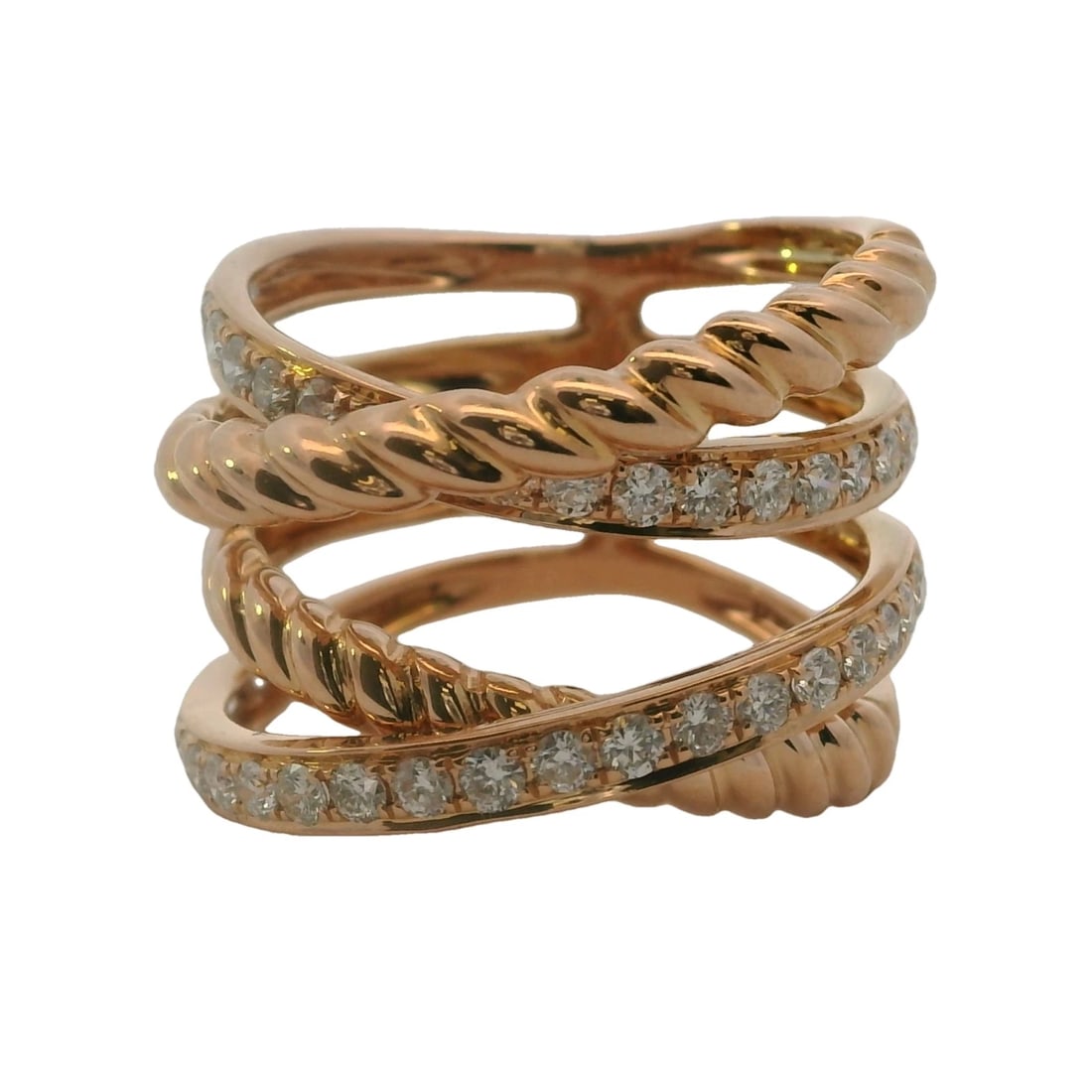 ROSE GOLD 18K 750 STACKED ROPE CROSSOVER RING: Rose Gold 18K 750 Stacked Rope Crossover Ring Brand: Unbranded Type: Ring Material: 18k Rose Gold Main Stone/Creation Natural Color: Rose Size: 7 US Accessories: None Accessories Notice: When