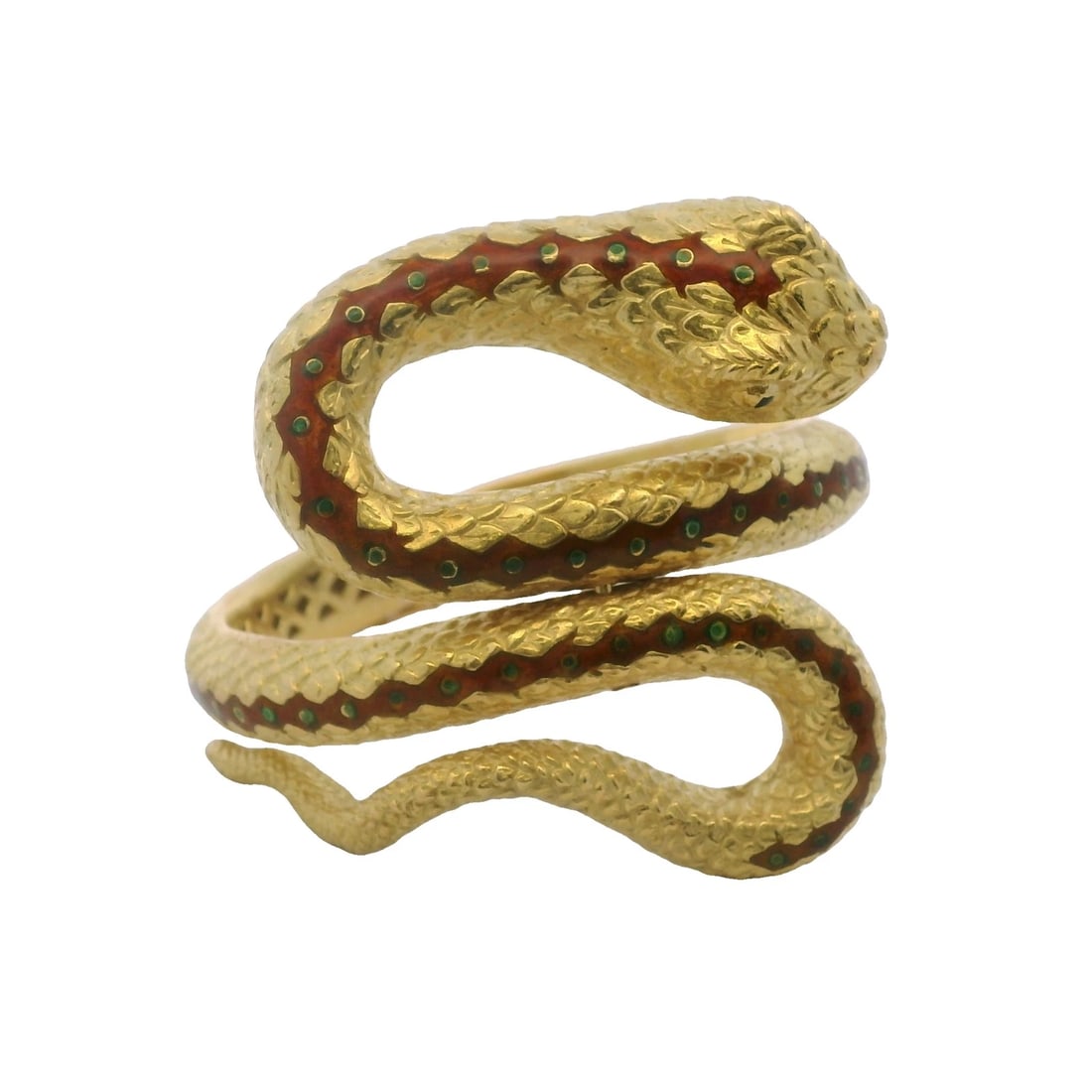 VINTAGE 18KT YELLOW GOLD ENAMEL HINGED BANGLE BRACELET: Vintage 18kt Yellow Gold Enamel Hinged Bangle Bracelet Brand: Unbranded Type: Bracelet Material: 18K Yellow Gold, Color: Yellow Size: Length - 6" Width - 53.5mm Accessories: None Accessori