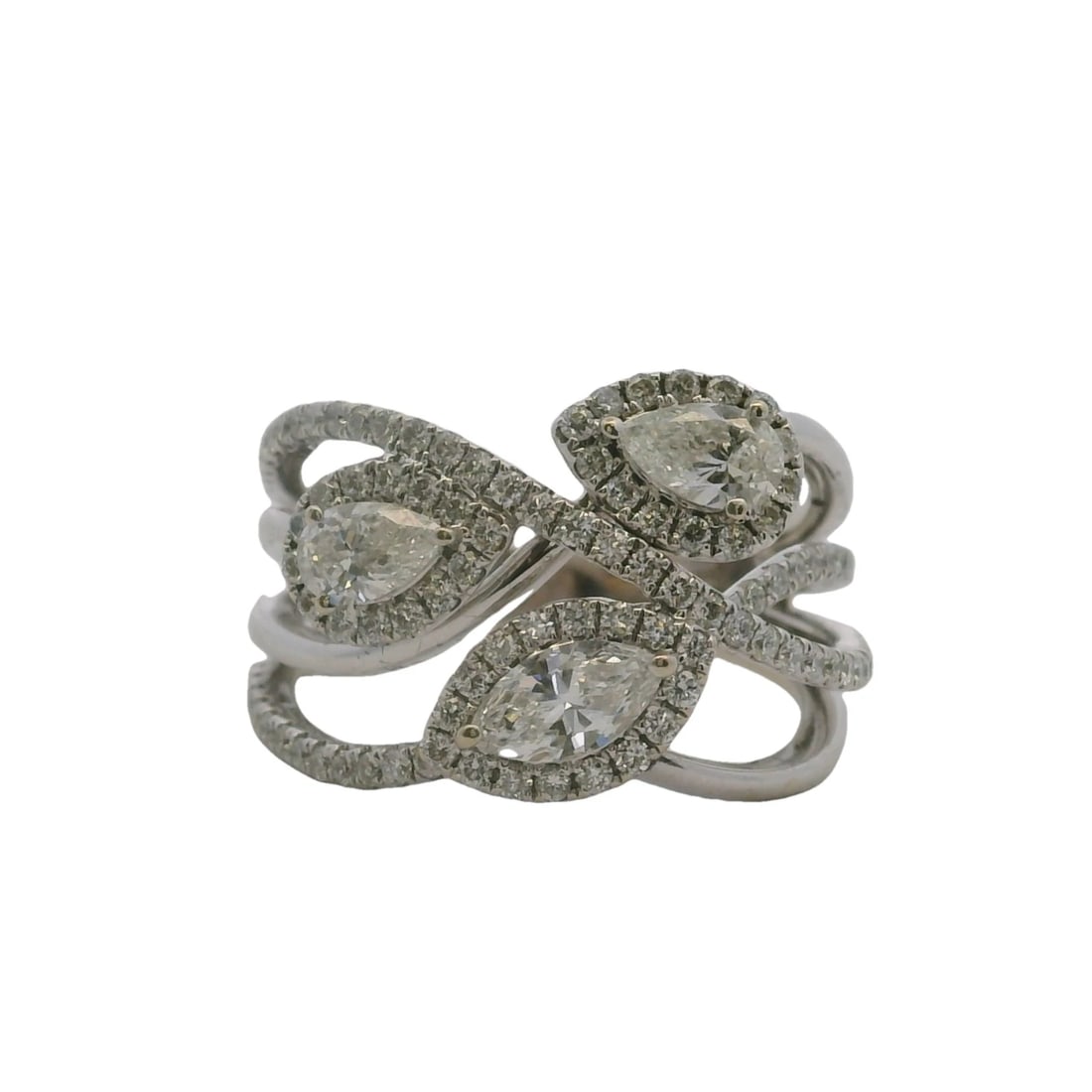 VINTAGE NATALIE DIAMOND LEAVES CROSSOVER WIDE RING: Vintage Natalie Diamond Leaves Crossover Wide Ring Brand: Natalie K Type: Ring Material: 18k White Gold Main Stone/Creation Natural Color: White Size: 7 US Accessories: None Accessories No