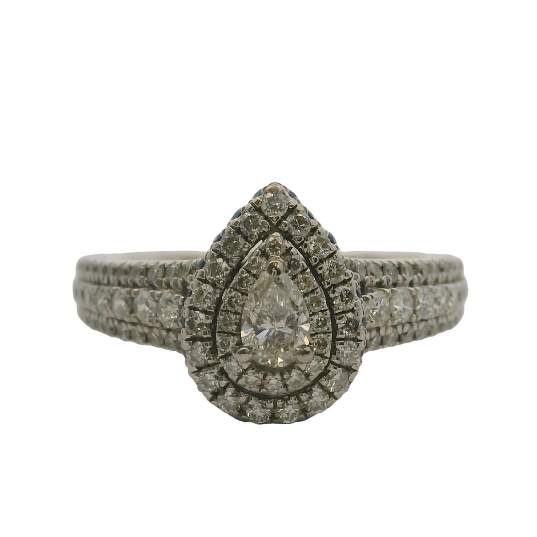 VERA WANG LOVE PEAR DIAMOND DOUBLE HALO ENGAGEMENT RING: Vera Wang Love Pear Diamond Double Halo Engagement Ring Brand: Vera Wang Love Type: Ring Material: 14k White Gold Main Stone/Creation Natural Color: White Size: 8.75 US Accessories: None A