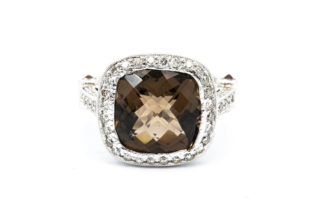 CHECKERBOARD CUT SMOKEY QUARTZ COCKTAIL RING DIAMOND HALO: Checkerboard Cut Smokey Quartz Cocktail Ring Diamond Halo Brand: Unbranded Type: Ring Material: 18k White Gold Main Stone/Creation Smoky Quartz Color: White Size: 6 US Accessories: None Ac