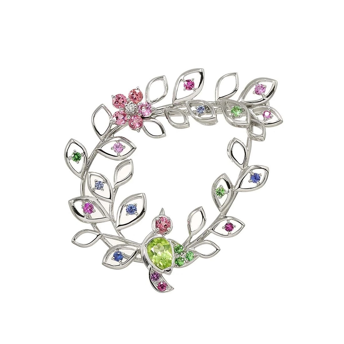 TASAKI PERIDOT DIAMOND SAPPHIRE MULTI STONE BROOCH: TASAKI Peridot Diamond Sapphire Multi Stone Brooch Brand: TASAKI Type: Brooch Material: 750 White Gold Main Stone/Creation Peridot Color: White Gold Size: W 44 X H 32mm Thickness:3.5mm Accessorie