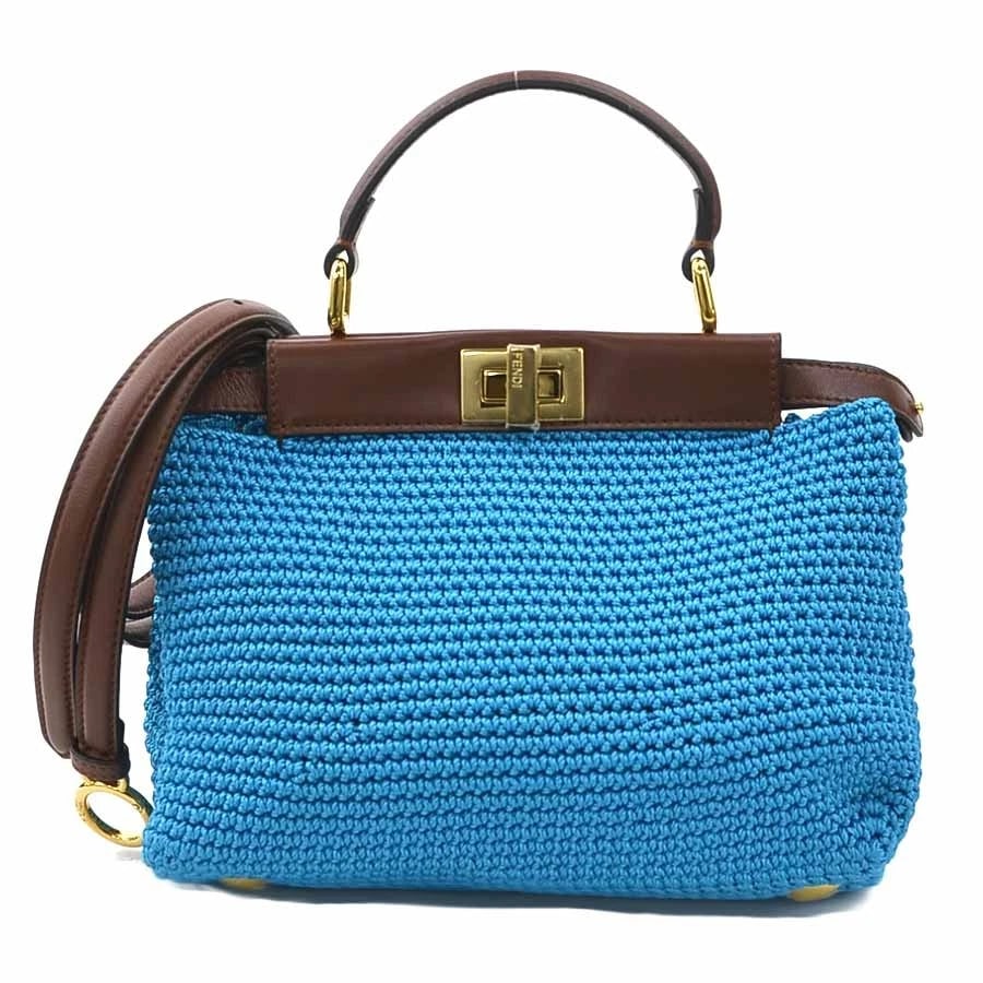 FENDI PEEKABOO MINI HANDBAG SHOULDER BAG BLUE/BROWN: FENDI Peekaboo Mini Handbag Shoulder Bag Blue/Brown Brand: FENDI Type: Handbag Material: polyester Color: Blue X Brown Size: W:8.9inx H:7.3inx D:4.3in Handle Length:9.3in Shoulder Length:?Max? 46.