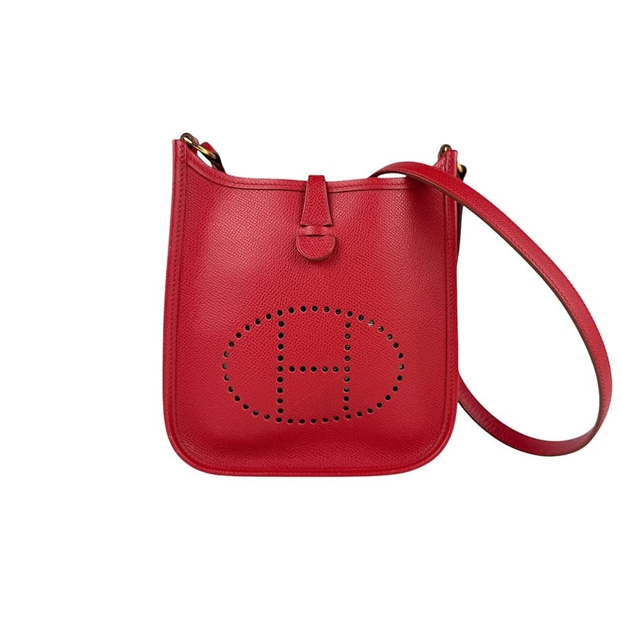 HERMES EVELYNE TPM 16 CROSSBODY SHOULDER BAG: HERMES Evelyne TPM 16 Crossbody Shoulder Bag Brand: HERMES Type: Shoulder Bag Material: Veau Epsom Leather Color: Red Size: W:5.1inx H:7.1inx D:2.0in Shoulder Length: 44.1in Accessories: None