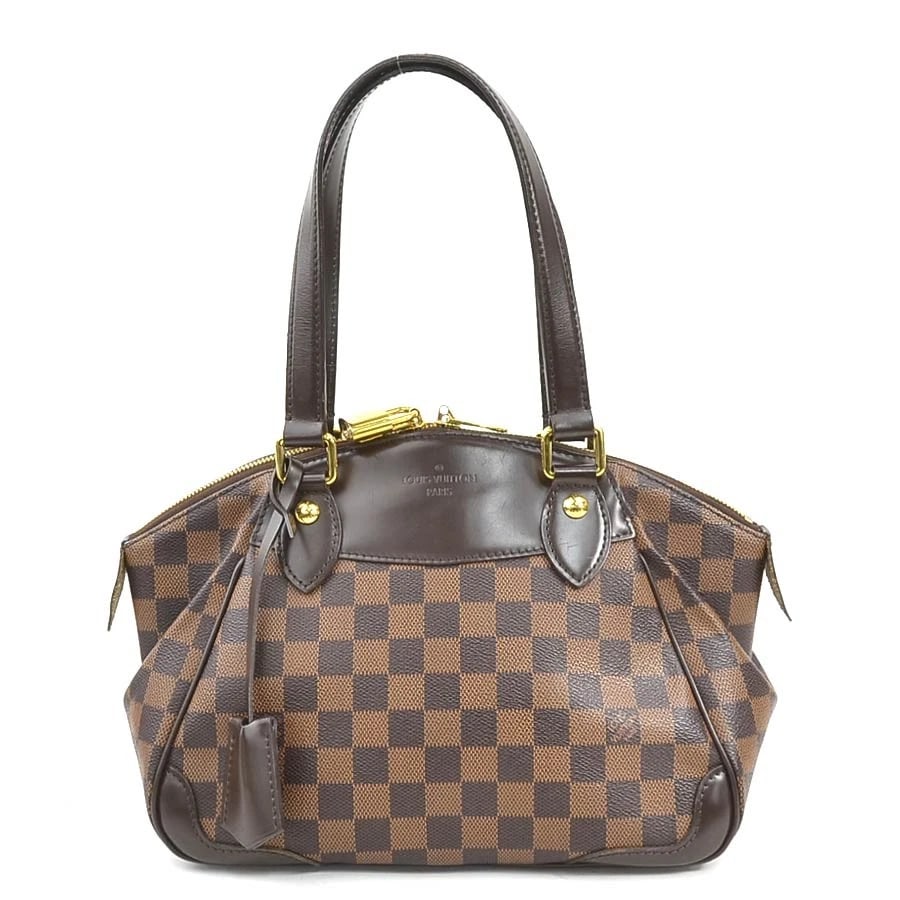 LOUIS VUITTON DAMIER EBENE VERONA PM HANDBAG: LOUIS VUITTON Damier Ebene Verona PM Handbag Brand: LOUIS VUITTON Type: Handbag Material: Damier Canvas Color: Brown Size: W:10.6inx H:8.3inx D:5.9in Handle drop:6.7in Accessories: None