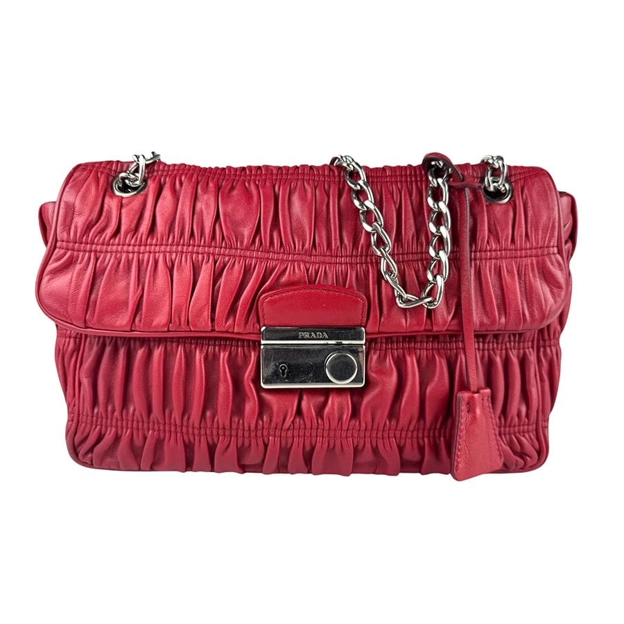 PRADA CHAIN SHOULDER BAG RED/SILVER LEATHER/METAL: PRADA Chain Shoulder Bag Red/Silver Leather/Metal Brand: PRADA Type: Shoulder Bag Material: Leather x Metal Color: Red / Silver Size: W:10.2inx H:7.1inx D:2.4in Shoulder Length: 70.9in Accessorie