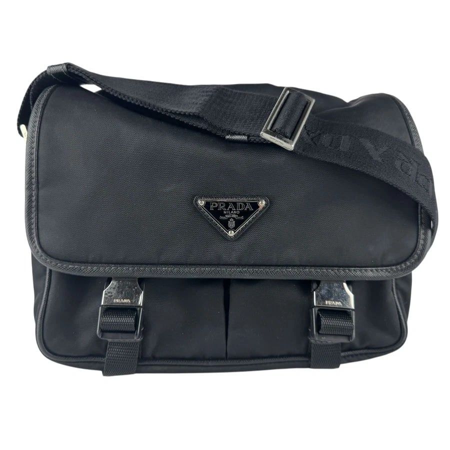 PRADA SHOULDER BAG BLACK NYLON: PRADA Shoulder Bag Black Nylon Brand: PRADA Type: Shoulder Bag Material: Nylon Color: Black Size: W:9.4inx H:7.9inx D:3.9in Shoulder Length: 46.1in Accessories: None Accessories Notice: Wh