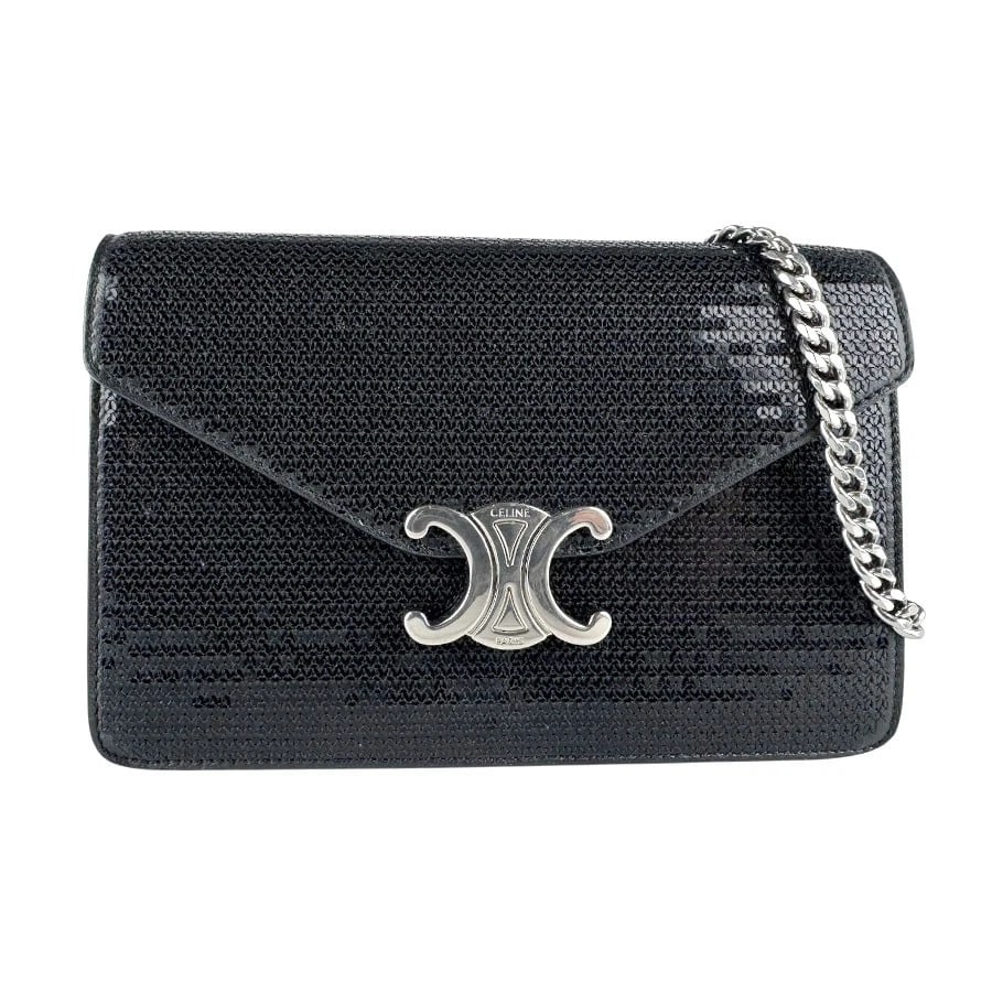 CELINE CHAIN WALLET MARGO SHOULDER BAG: CELINE Chain Wallet Margo Shoulder Bag Brand: CELINE Type: Shoulder Bag Material: Sequin Color: Black Size: W:7.5inx H:5.1inx D:1.6in Shoulder Length: 41.3in Accessories: None Accessories