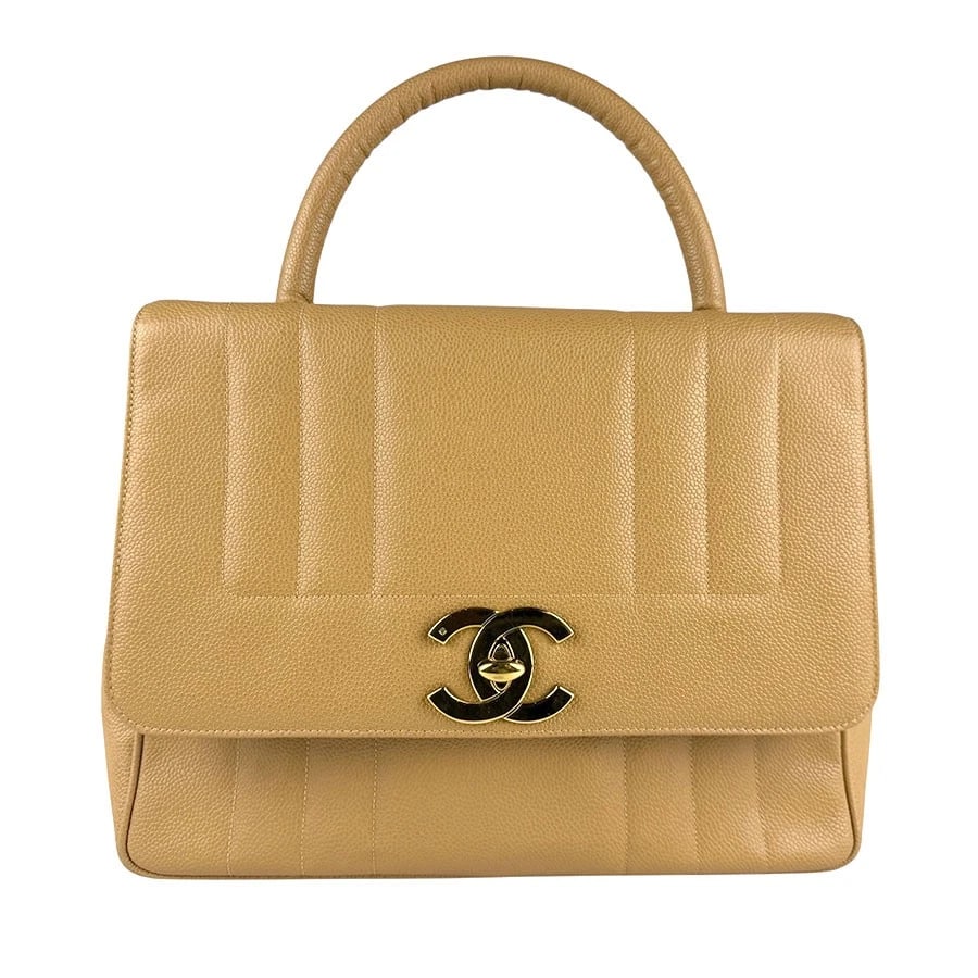 CHANEL MADEMOISELLE HANDBAG BEIGE/GOLD LEATHER/METAL: CHANEL Mademoiselle Handbag Beige/Gold Leather/Metal Brand: CHANEL Type: Handbag Material: Caviar skin leather Color: Beige Size: W:12.2inx H:9.8inx D:3.5in Handle Length:13.4in Accessories: None