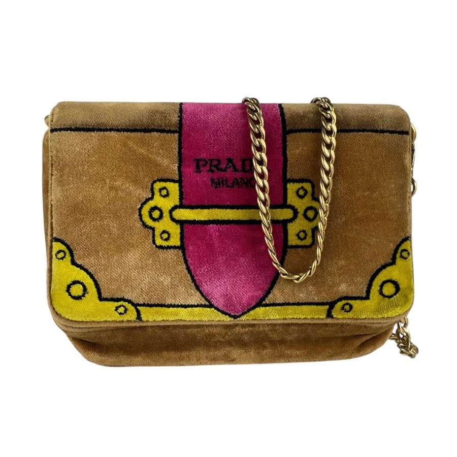 PRADA CHAIN SHOULDER BAG BELT BAG BROWN/GOLD: PRADA Chain Shoulder Bag Belt Bag Brown/Gold Brand: PRADA Type: Shoulder Bag Material: velvet Color: Brown Size: W:7.1inx H:5.1inx D:1.6in Handle Length:37.8in Shoulder Length: 47.2in Accessories