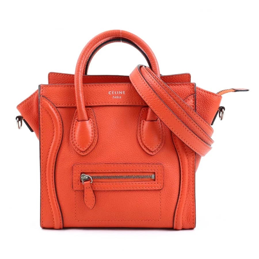 CELINE LUGGAGE NANO SHOPPER HANDBAG SHOULDER BAG: CELINE Luggage Nano Shopper Handbag Shoulder Bag Brand: CELINE Type: Handbag Material: leather Color: Orange Size: W:7.5inx H:7.1in Handle Length:11.4in Shoulder Length: 47.6in Accessories: None