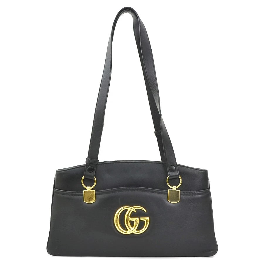 GUCCI GG MARMONT SHOULDER BAG BLACK LEATHER/GOLDTONE: GUCCI GG Marmont Shoulder Bag Black Leather/Goldtone Brand: GUCCI Type: Shoulder Bag Material: leather Color: Black Size: W:14.6inx H:8.1inx D:1.6in Shoulder drop:13.4in Accessories: None