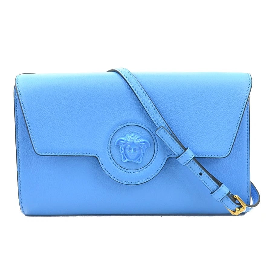 VERSACE MEDUSA SHOULDER BAG BLUE LEATHER: VERSACE Medusa Shoulder Bag Blue Leather Brand: VERSACE Type: Shoulder Bag Material: leather Color: Blue Size: W:8.9inx H:5.5inx D:1.8in Shoulder Length: 39.4in Accessories: None Accessori