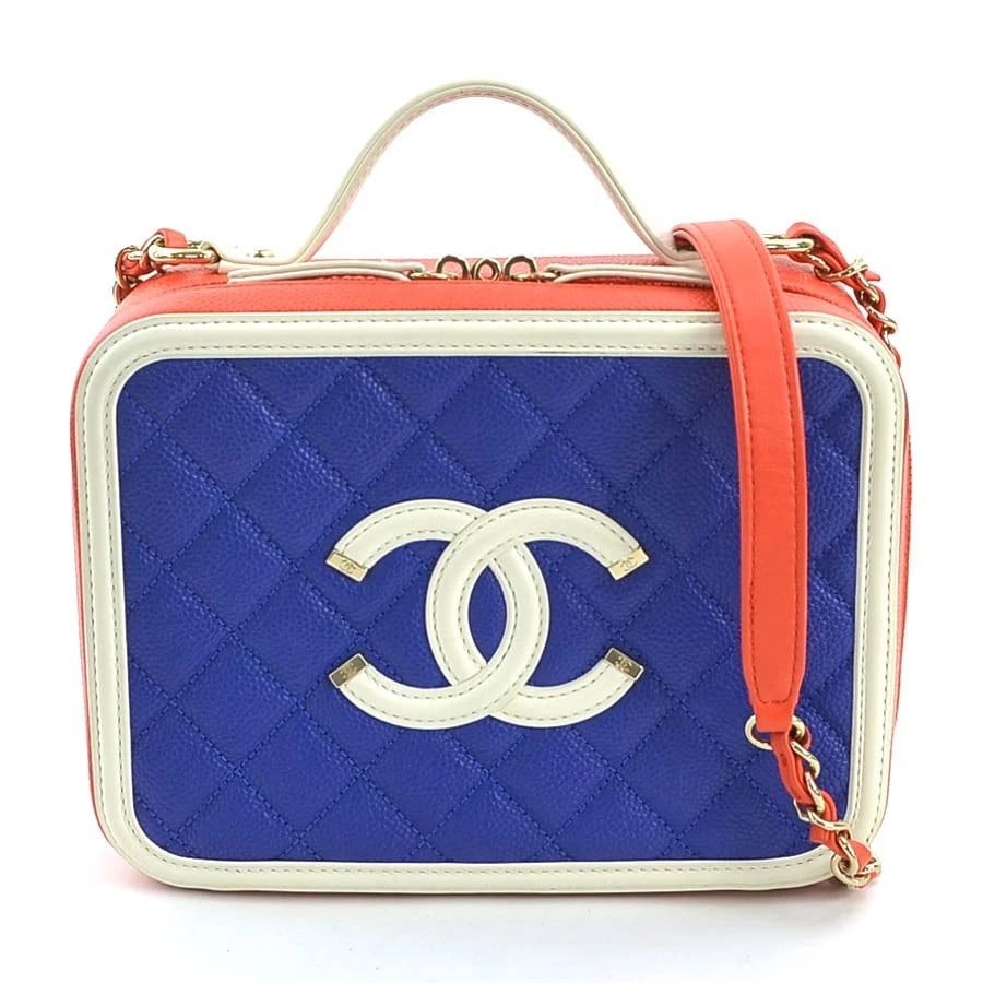 CHANEL CC FILIGREE HANDBAG SHOULDER BAG: CHANEL CC Filigree Handbag Shoulder Bag Brand: CHANEL Type: Shoulder Bag Material: leather Color: Red X Blue X White Size: W:7.9inx H:5.9inx D:3.0in Handle Length:5.7in Shoulder Length: 39.8in Ac