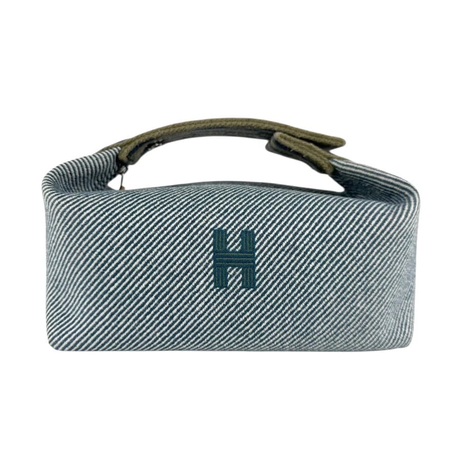 HERMES HANDBAG BLUE/KHAKI COTTON/SILVERTONE: HERMES Handbag Blue/Khaki Cotton/Silvertone Brand: HERMES Type: Handbag Material: Cotton Color: Blue / Khaki Size: W:8.3inx H:3.9inx D:4.7in Handle Length:7.9in Accessories: None Accessori