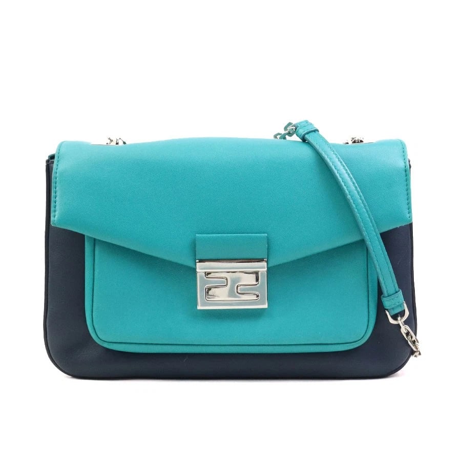 FENDI CHAIN SHOULDER BAG NAVY/GREEN/SILVER LEATHER/METAL: FENDI Chain Shoulder Bag Navy/Green/Silver Leather/Metal Brand: FENDI Type: Shoulder Bag Material: Leather Color: Navy X Green Size: W:9.8inx H:6.3inx D:2.4in Shoulder Length: 27.6in Accessories: