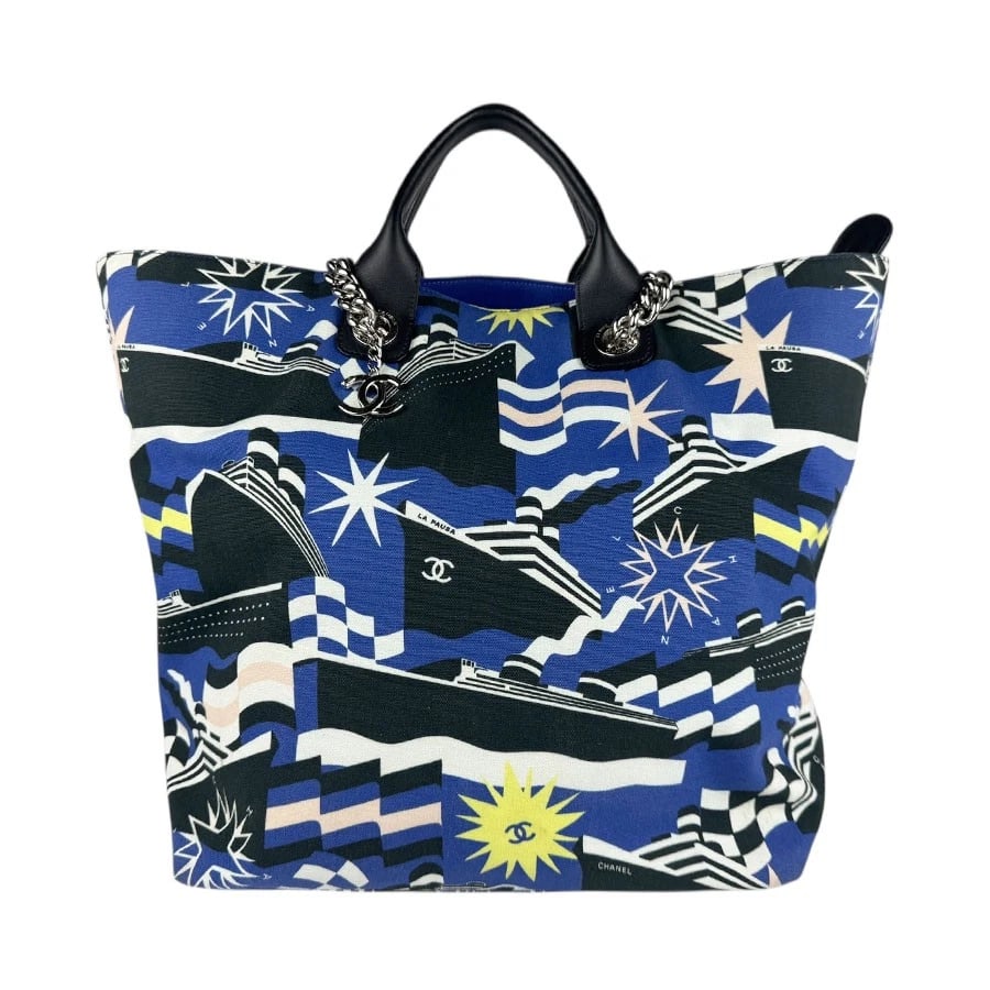 CHANEL CRUISE COLLECTION SHOULDER BAG HANDBAG: CHANEL Cruise Collection Shoulder Bag Handbag Brand: CHANEL Type: Shoulder Bag Material: Canvas x Leather Color: Blue X Black X White Size: W:12.6inx H:14.2inx D:6.3in Handle Length:11.8in Shoulde