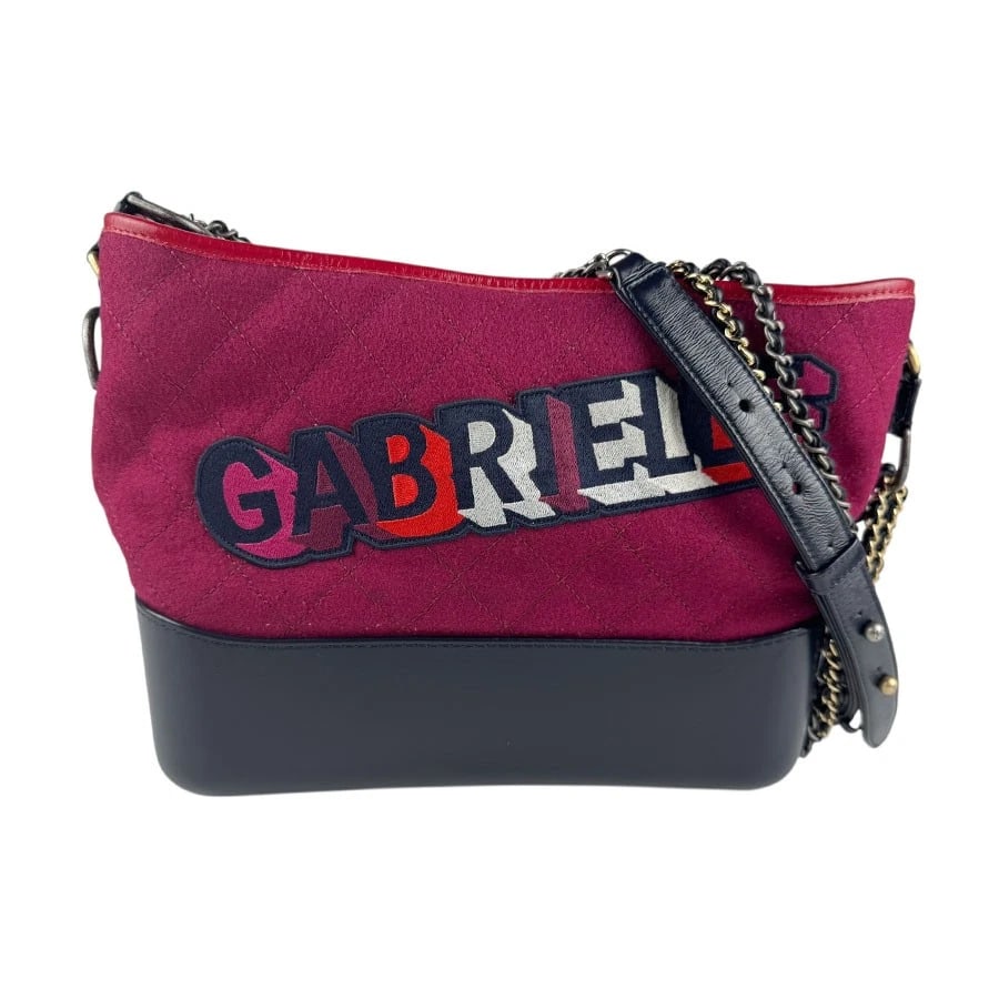 CHANEL GABRIELLE CHAIN SHOULDER BAG BORDEAUX/NAVY: CHANEL Gabrielle Chain Shoulder Bag Bordeaux/Navy Brand: CHANEL Type: Shoulder Bag Material: wool Color: Bordeaux / Navy Size: W:11.0inx H:8.3inx D:3.9in Shoulder Length: 69.7in Accessories: None