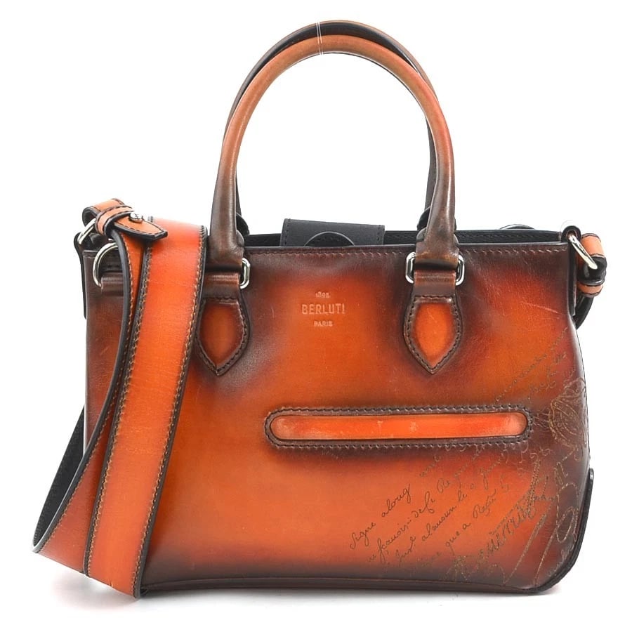 BERLUTI HANDBAG SHOULDER BAG ORANGE BROWN LEATHER: Berluti Handbag Shoulder Bag Orange Brown Leather Brand: Berluti Type: Shoulder Bag Material: leather Color: Orange Brown Size: W:10.2inx H:6.7inx D:2.4in Handle Length:11.8in Shoulder Length:?Max