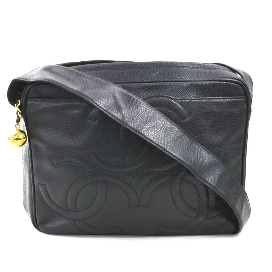 CHANEL TRIPLE CC LOGO SHOULDER BAG: CHANEL Triple CC Logo Shoulder Bag Brand: CHANEL Type: Shoulder Bag Material: Caviar skin leather Color: Black Size: W:10.0inx H:7.5inx D:2.8in Shoulder drop:19.3in Accessories: None Acces