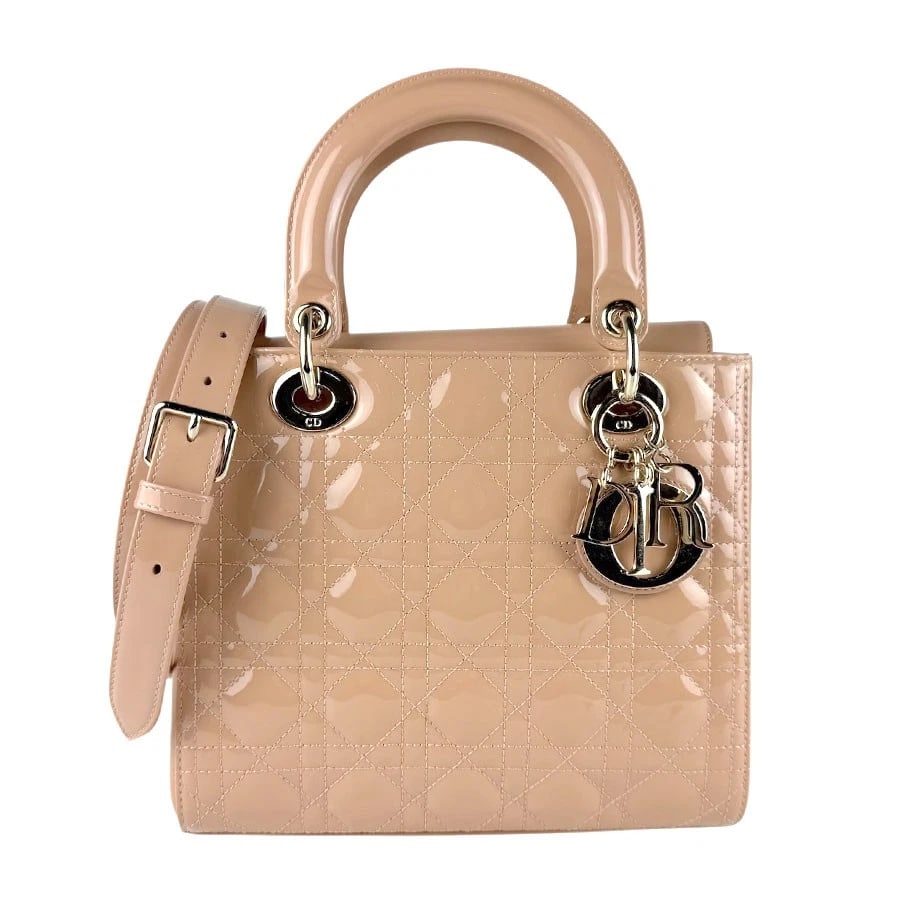 CHRISTIAN DIOR DIOR HANDBAG SHOULDER BAG: Christian Dior Dior Handbag Shoulder Bag Brand: Christian Dior Type: Handbag Material: Patent leather Color: Beige Size: W:9.4inx H:8.3inx D:4.7in Handle Length:12.6in Shoulder Length: 33.5in Acc