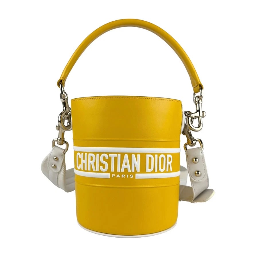 CHRISTIAN DIOR VIBE BUCKET SHOULDER BAG HANDBAG: Christian Dior Vibe Bucket Shoulder Bag Handbag Brand: Christian Dior Type: Shoulder Bag Material: leather Color: Yellow X White Size: W:5.5inx H:6.7inx D:5.5in Handle Length:17.3in Shoulder Lengt