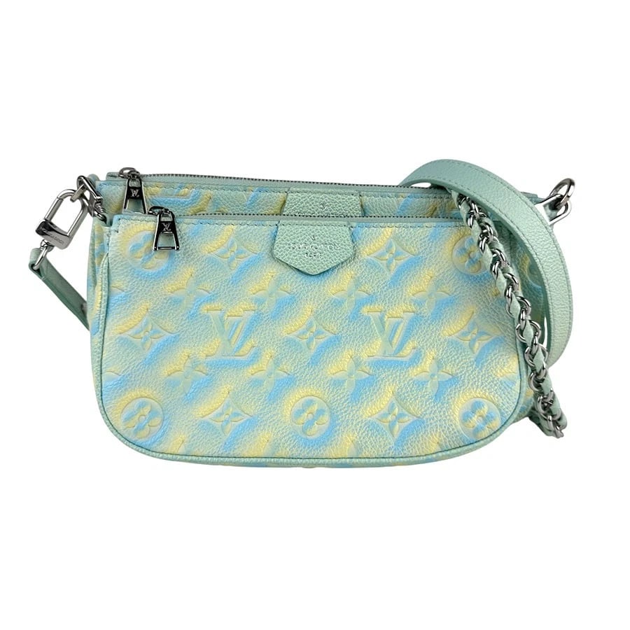 LOUIS VUITTON MULTI POCHETTE ACCESSOIRES SHOULDER BAG: LOUIS VUITTON Multi Pochette Accessoires Shoulder Bag Brand: LOUIS VUITTON Type: Shoulder Bag Material: Monogram Empreinte Leather Color: Green/Blue/Yellow Size: W:9.4inx H:5.5inx D:1.6in Handle L