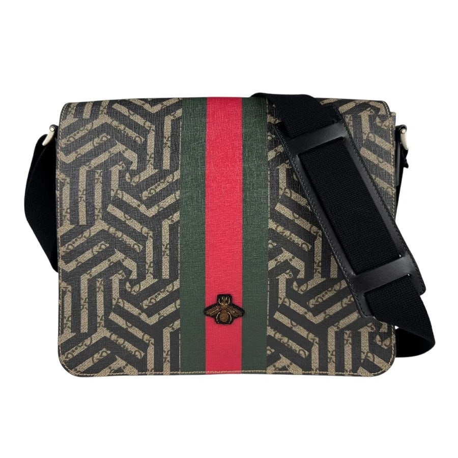 GUCCI GG KALEIDO BEE CROSSBODY SHOULDER BAG: GUCCI GG Kaleido Bee Crossbody Shoulder Bag Brand: GUCCI Type: Crossbody Shoulder Bag Material: PVC Color: Black/Beige Brown Size: W:11.4inx H:10.2inx D:2.8in Shoulder Length: 53.1in Accessories: