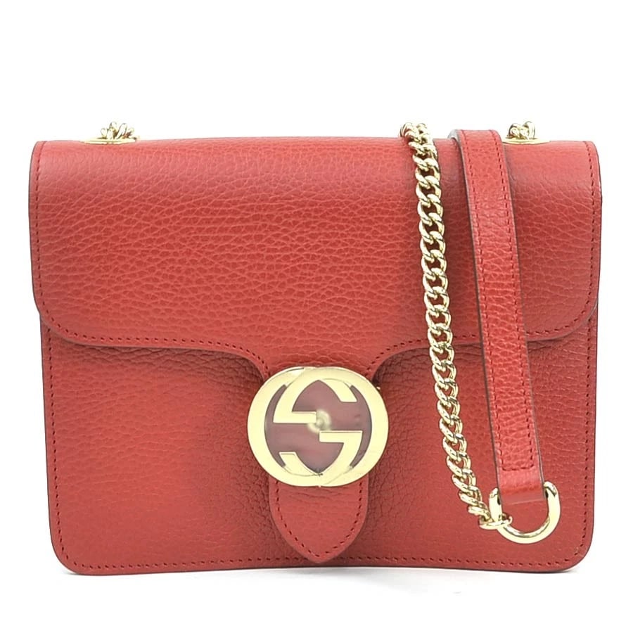 GUCCI INTERLOCKING G CHAIN SHOULDER BAG RED/GOLD: GUCCI Interlocking G Chain Shoulder Bag Red/Gold Brand: GUCCI Type: Shoulder Bag Material: leather Color: Red / Gold Size: W:7.8inx H:6.1inx D:2.0in Shoulder drop:22.4in Accessories: None