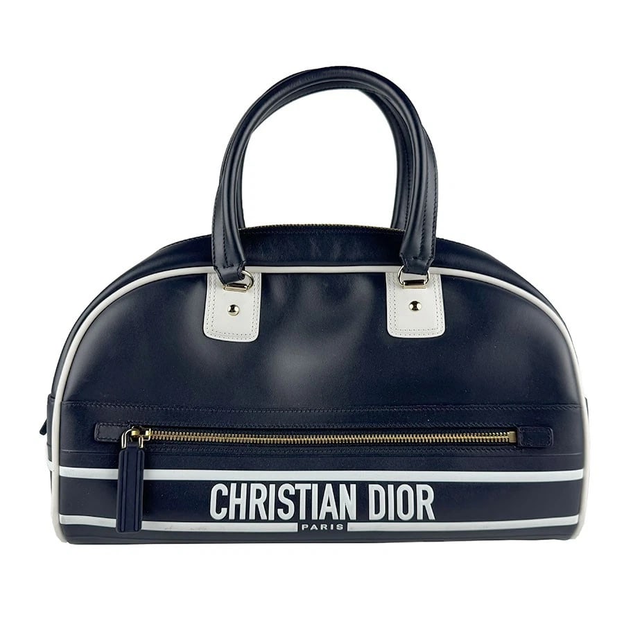 CHRISTIAN DIOR VIBE HANDBAG SHOULDER BAG: Christian Dior Vibe Handbag Shoulder Bag Brand: Christian Dior Type: Handbag Material: Leather Color: Navy / White Size: W:13.4inx H:9.1inx D:5.5in Handle Length:15.0in Accessories: None A