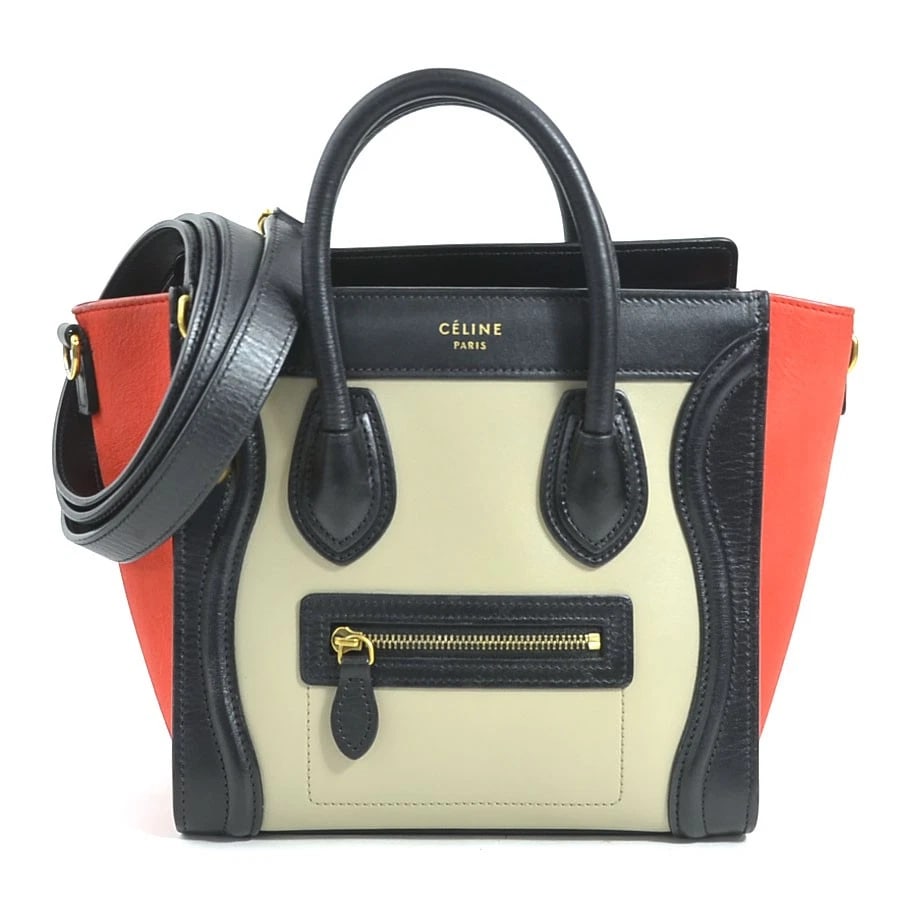 CELINE LUGGAGE NANO SHOPPER HANDBAG CROSSBODY SHOULDER BAG: CELINE Luggage Nano Shopper Handbag Crossbody Shoulder Bag Brand: CELINE Type: Handbag Material: leather Color: Black / Grey / Red Size: W:7.7inx H:7.9inx D:3.7in Handle drop:2.4in Shoulder drop:2