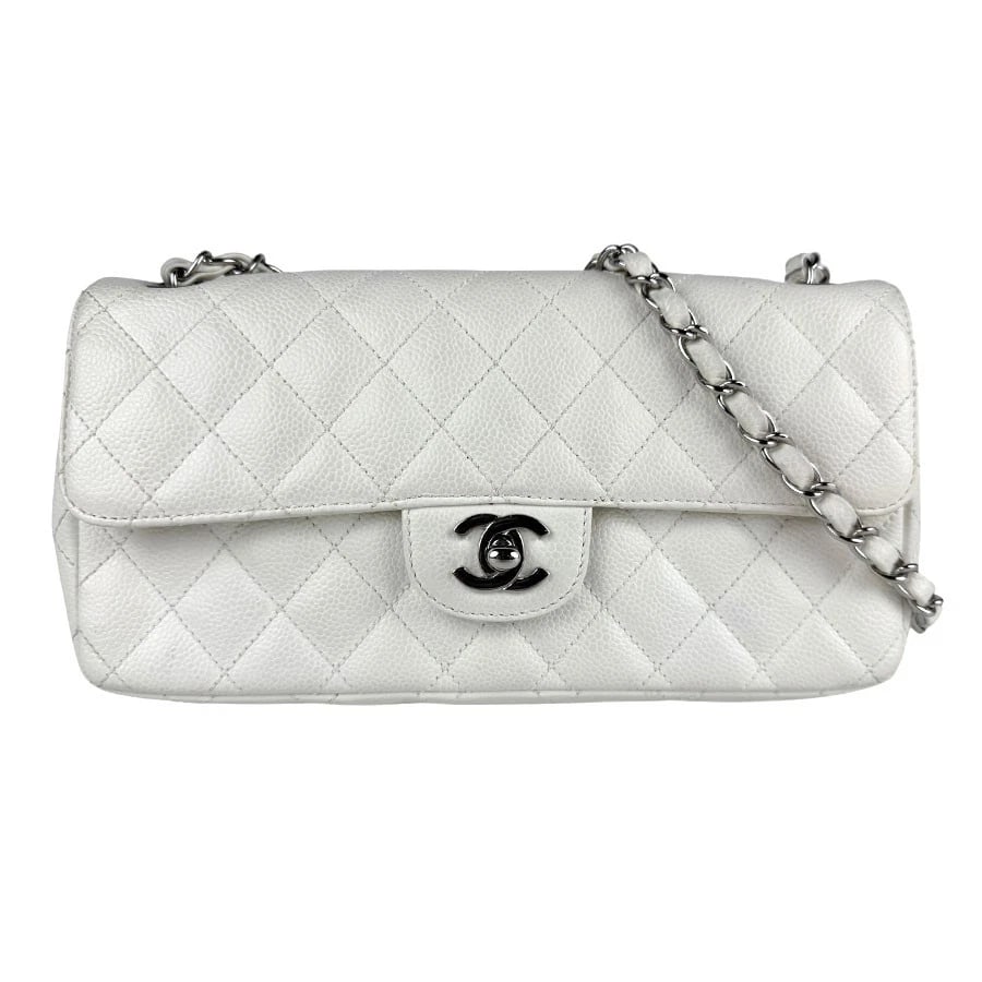 CHANEL MATELASSE CHAIN SHOULDER BAG: CHANEL Matelasse Chain Shoulder Bag Brand: CHANEL Type: Shoulder Bag Material: Caviar skin leather Color: Off White/Silver Size: W:9.8inx H:5.5inx D:2.0in Shoulder Length: 25.2in Accessories: Non