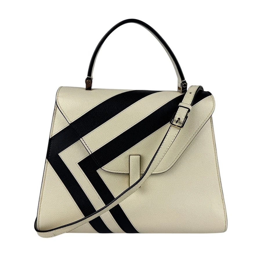 VALEXTRA MEDIUM ISIDE STRIPE HANDBAG SHOULDER BAG: Valextra Medium Iside Stripe Handbag Shoulder Bag Brand: Valextra Type: Handbag Material: leather Color: Off White/Black Size: W:9.8inx H:8.7inx D:3.9in Handle Length:10.2in Shoulder Length: 44.5i