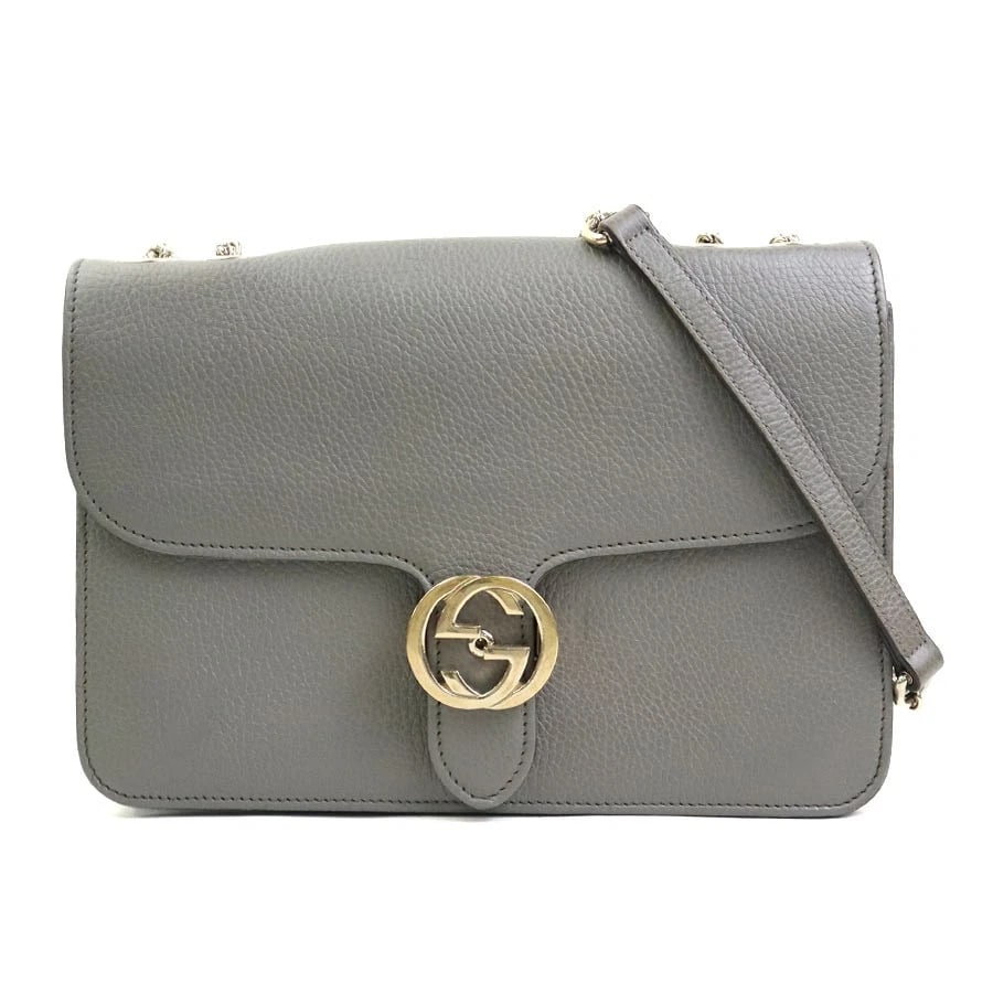 GUCCI INTERLOCKING G CHAIN SHOULDER BAG: GUCCI Interlocking G Chain Shoulder Bag Brand: GUCCI Type: Shoulder Bag Material: leather Color: Gray Size: W:10.8inx H:7.5inx D:1.2in Shoulder drop:11.8in Accessories: None Accessories No