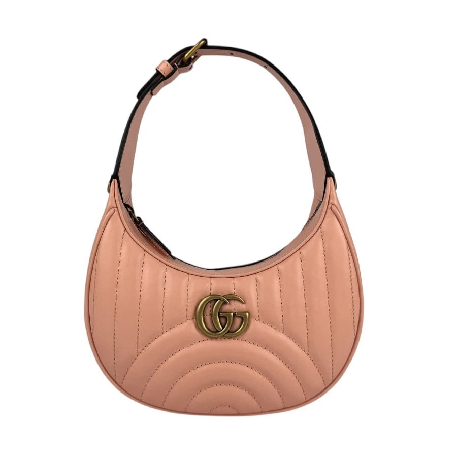 GUCCI GG MARMONT HANDBAG SHOULDER BAG: GUCCI GG Marmont Handbag Shoulder Bag Brand: GUCCI Type: Handbag Material: leather Color: Salmon Pink/Gold Size: W:3.9inx H:4.3inx D:2.0in Shoulder Length: 13.4in Accessories: None Accesso