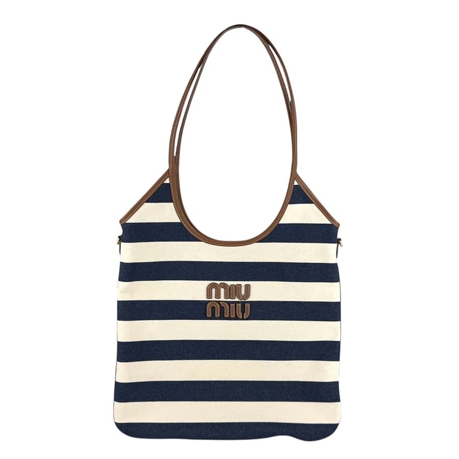 MIUMIU SHOULDER BAG BLUE/OFF WHITE/BROWN CANVAS/LEATHER: MIUMIU Shoulder Bag Blue/Off White/Brown Canvas/Leather Brand: MIUMIU Type: Shoulder Bag Material: canvas Color: Blue X Off White X Brown Size: W:13.4inx H:11.8inx D:0.8in Shoulder Length: 19.7in